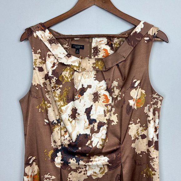 Talbots Dress Womens 12 Brown Floral Sheath Satin Sleeveless Stretch Knee Length - Picture 2 of 10